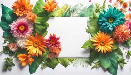 frischer Rahmen aus bunten Blumen Blüten Blätter des Frühling Sommer voller Kraft Farbe als Dekoration Hintergründe Vorlagen sommerlich leichte Gefühle florale Grußkarte Papier freier Raum im Zentrum