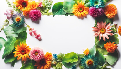 frischer Rahmen aus bunten Blumen Blüten Blätter des Frühling Sommer voller Kraft Farbe als Dekoration Hintergründe Vorlagen sommerlich leichte Gefühle florale Grußkarte Papier freier Raum im Zentrum