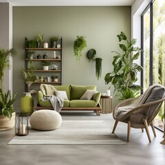 Interior of modern living room with green plants, armchairs and coffee table