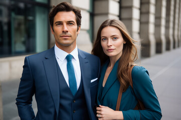 Business partners in an urban setting on their way to office . Businessman and businesswoman outside
