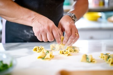 Obraz na płótnie Canvas making tortellini, hands folding pasta around filling