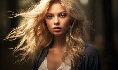 Fototapeta premium Ethereal blonde beauty with flowing hair and piercing gaze in a dramatic fashion portrait, embodying elegance and mystery