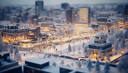 Fototapeta premium Christmas miniature town, village model. Snowy toy houses, lights, decorations