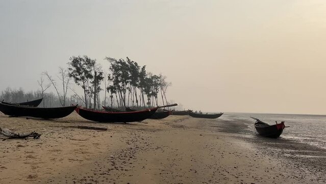Rows of fishing boats kept near the coastline of a beach with few trees behind them during evening in Bengal, India. Wallpaper shot.