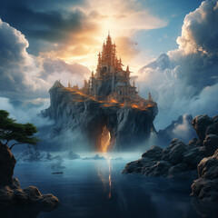 château sur une montagne, couché de soleil, IA generative