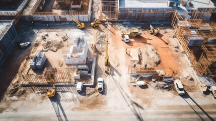 Aerial view over the new construction site. Crane and building construction site
