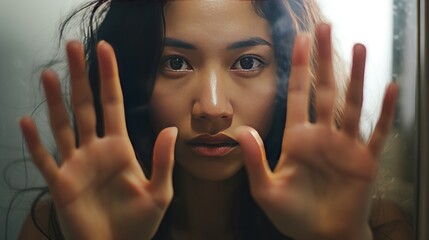 Asian woman hands mirror stressed from skin problems - obrazy, fototapety, plakaty