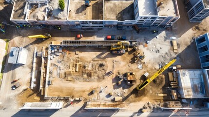 Aerial view over the new construction site. Crane and building construction site