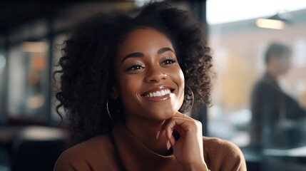 Attractive African American woman caresses her jaw and smiles broadly at the camera.