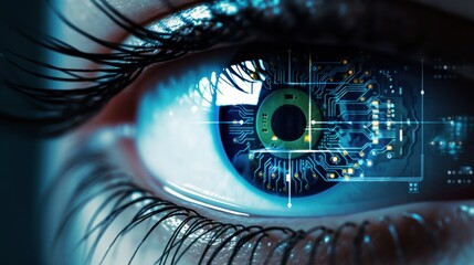 Future information technology in cyberspace eye closeup. Learning Ai Smart Connect online.