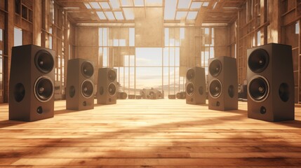 Fills the entire space with background speakers creating loud music. - obrazy, fototapety, plakaty