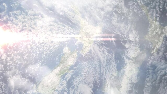 Zoom in from space and focus on Levin, New Zealand. 3D Animation. Background for travel intro. Elements of this image furnished by NASA.