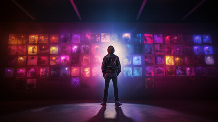 a person standing in front of a wall with many colorful lights