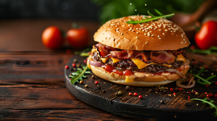 American Favorite Foods, Bacon Burger, the empty table dark top with blur background of beef pizza. high quality photo And Bacon burger with beef patty on wooden with copy space table, Generative Ai