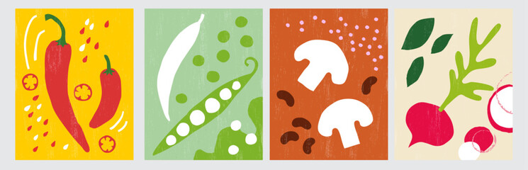 Set of Vegetable Ingredients: chili, peas, mushrooms, radish, red beans, beans, spinach. Vector in flat minimalistic style.