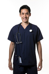 Chinese nurse wearing dark blue Scrubs