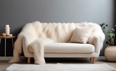 Fototapeta na wymiar Leonardo Diffusion XL Cozy cute sofa with white furry sheepski