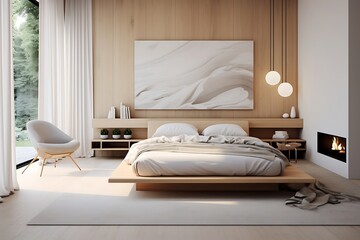 Interior of modern bedroom with wooden walls concrete floor, comfortable king size bed and fireplace