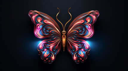 Abstract neon butterfly on a dark wall. 3D