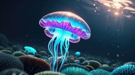 rare jellyfish shining in the sea. the beauty of the ocean. luminous jellyfish floating in the mysterious sea. Breathtaking underwater scene.