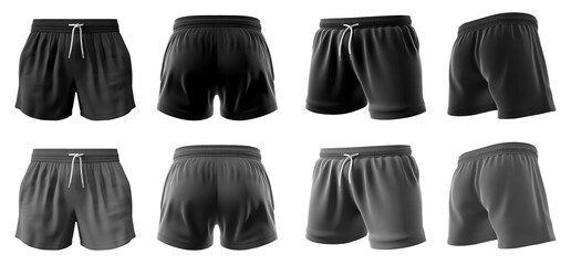 2 Set of black and dark grey gray, unisex running sports shorts boxer bottom, front, back and side view on transparent background cutout, PNG file. Mockup template for artwork graphic design. 

