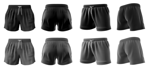 2 Set of black and dark grey gray, unisex running sports shorts boxer bottom, front, back and side view on transparent background cutout, PNG file. Mockup template for artwork graphic design. 
