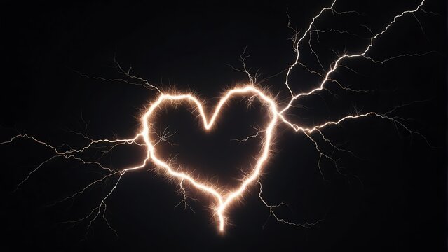A heart shaped lightning photo effect on plain black background from Generative AI