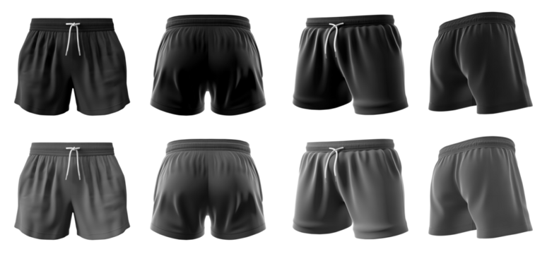 2 Set of black and dark grey gray, unisex running sports shorts boxer bottom, front, back and side view on transparent background cutout, PNG file. Mockup template for artwork graphic design. 
