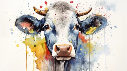 Foto auf Glas Watercolor portrait of a cow © Jafger