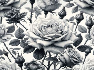 Pencil sketch botanical illustrations of a mono tone arid rose, each designed in a seamless pattern style, capturing the unique details and delicate presentation. - obrazy, fototapety, plakaty