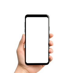 Hand holding smartphone. Blank screen mobile phone mockup isolated on transparent or white background. Business, social media, network technology. PNG