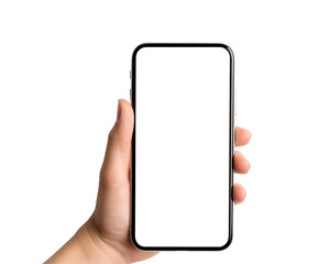Hand holding smartphone. Empty screen mobile phone isolated on transparent or white background for your app or web site design, social media, business, network technology. PNG