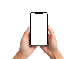 Hands with blank screen smartphone isolated on transparent or white background. Using smartphone for business working, social media. Network technology. PNG