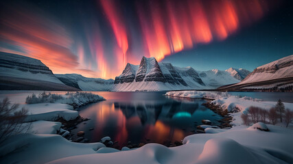 Winter Fjord mit rotem Polarlicht - obrazy, fototapety, plakaty