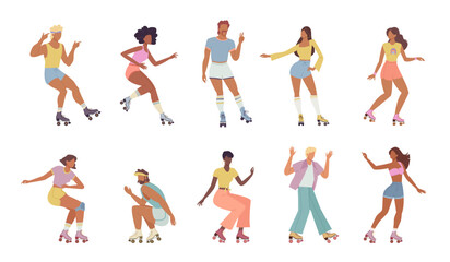 roller characetrs. cartoon minimalistic male and female characters, people skaters on rollerblades sport rollerskate activity. vector characters collection. - obrazy, fototapety, plakaty