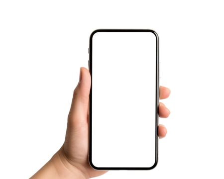 Hand holding smartphone. Empty screen mobile phone isolated on transparent or white background for your app or web site design, social media, business, network technology. PNG