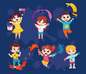 kids with paint. happy cute funny children with brushes and colours, drawing childhood concept, art school kindergarten entertainment. vector cartoon characters set.