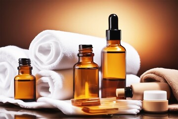 Brown glass bottles for cosmetics, aromatic oils and beautifully folded white towels. Spa concept.