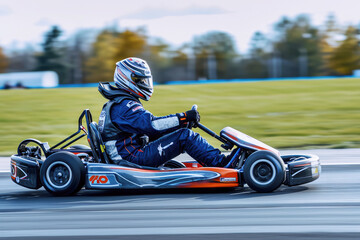 male kart racer drives quickly along the circuit of the autodrome, side view
