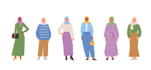 muslim hijab woman. cartoon minimalistic characters in hijab, Saudi people in traditional ethnic turkish iranian outfit. vector cartoon characters concept.