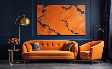 XL Orange sofa and armchair against dark bl