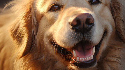 Close-up Golden dog smile, The background is smooth.
