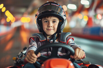 little boy racer in a helmet driving a go-kart on an indoor racing track close-up