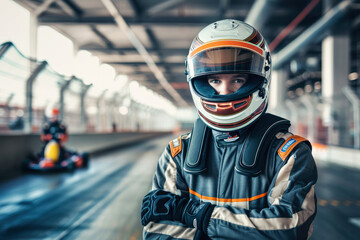 a racer in a helmet stands on an indoor karting track against the background of a karting car close-up