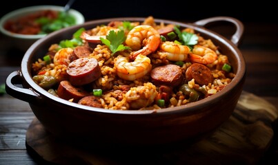 Spanish paella with shrimps, sausages and vegetables