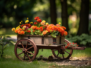 a wooden cart with flowers on it - Powered by Adobe
