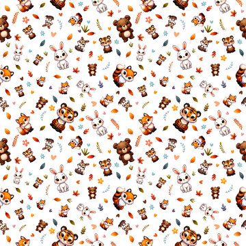 A captivating series of cute cartoon illustrations seamless pattern featuring a variety of delightful woodland creatures, each rendered with endearing charm and surrounded by a tapestry of autumn.