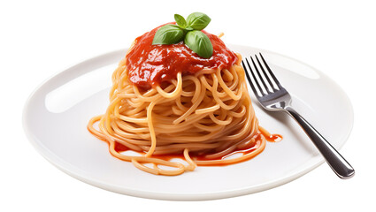 Delicious pasta spaghetti with tomato sauce garnished with a fresh basil leaf, cut out