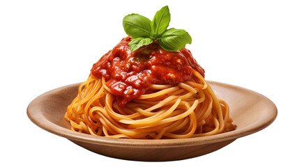 Delicious pasta spaghetti with tomato sauce garnished with a fresh basil leaf, cut out - obrazy, fototapety, plakaty