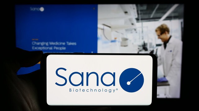 Stuttgart, Germany - 12-31-2023: Person holding cellphone with logo of US biotech research company Sana Biotechnology Inc. in front of business webpage. Focus on phone display.